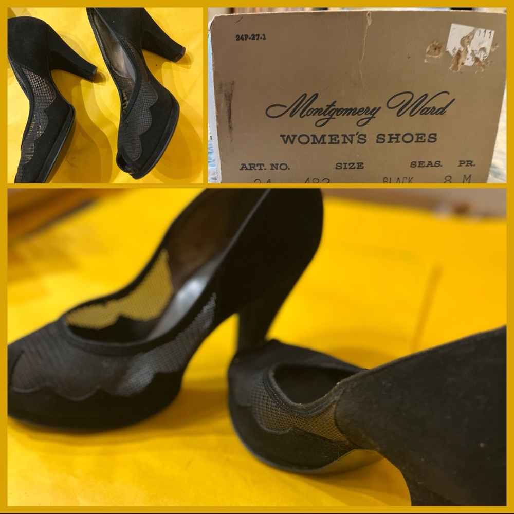 Vintage 1940/50’s Montgomery Ward Suede/Mesh Black Peep Toe Pumps Size 8